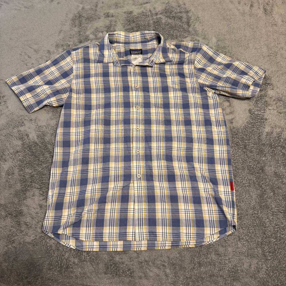 Patagonia Mens‎ Medium Short Sleeve Plaid Button Down Organic Cotton Blue Yellow